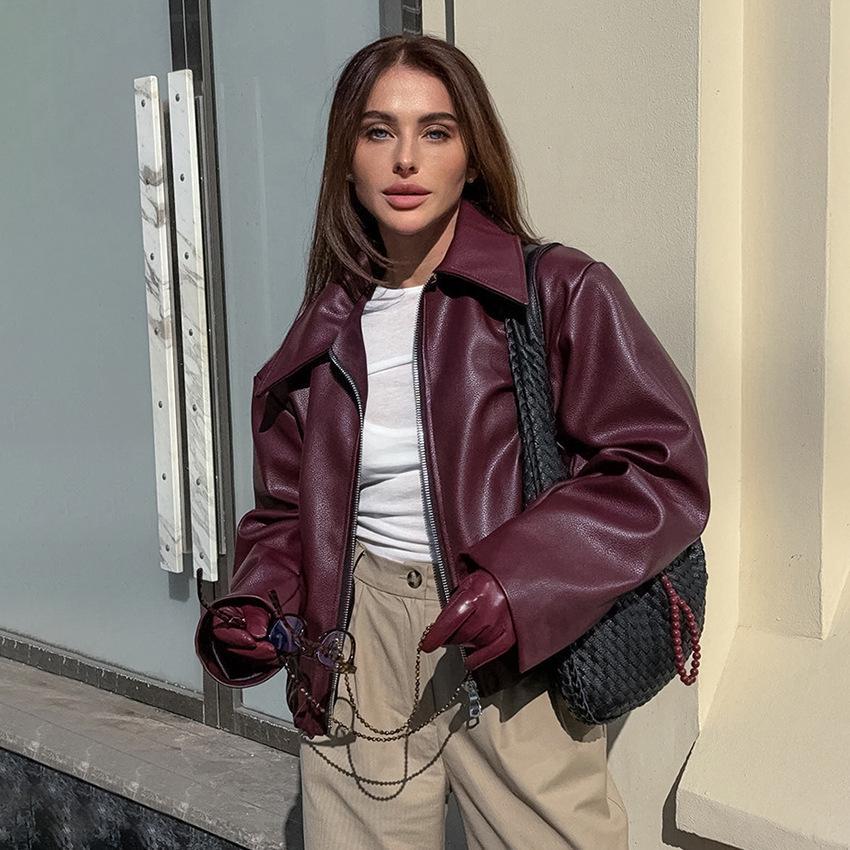 Women's Burgundy Retro Motorcycle Leather Jacket - 2024 Autumn European & American Matte Style