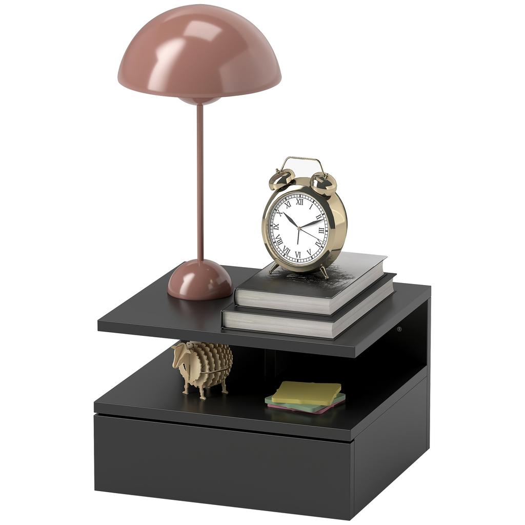 Wall-Mounted Nightstand for Bedroom with Drawer and Wooden Shelf, 35x32x22.5cm, Black