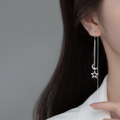 925 Silver Star Moon Earrings Women Tassels Long Cut Out Fashion Jewelry Simple Elegant Accessories