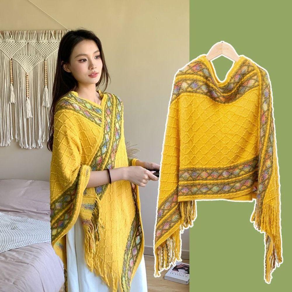 Rhombic Knitted Cape Printing Tassel Scarves Simple Imitation Cashmere Shawl  Student