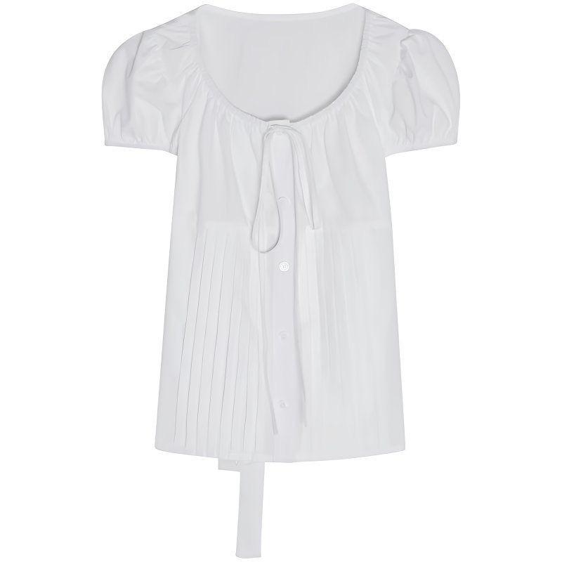 French sweet small shirt women's spring and summer slim-fitting and thin versatile white short shirt U-neck short-sleeved top