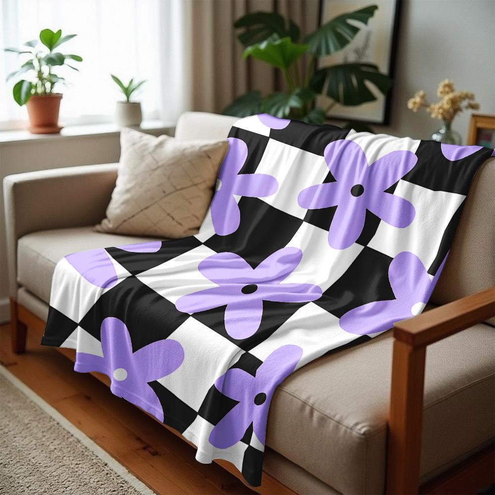 Checkerboard Lavender Simple Flower Anime Cartoon Flannel Blanket Soft Warm Throw for Bedroom Sofa Car Kids Holiday Gift