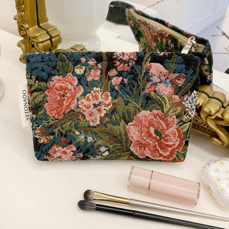 INS Style Vintage Flowers Cosmetic Bag Portable Hand Cosmetic Bag Travel Out Toiletries Storage Bag Makeup Tools Storage Pouch