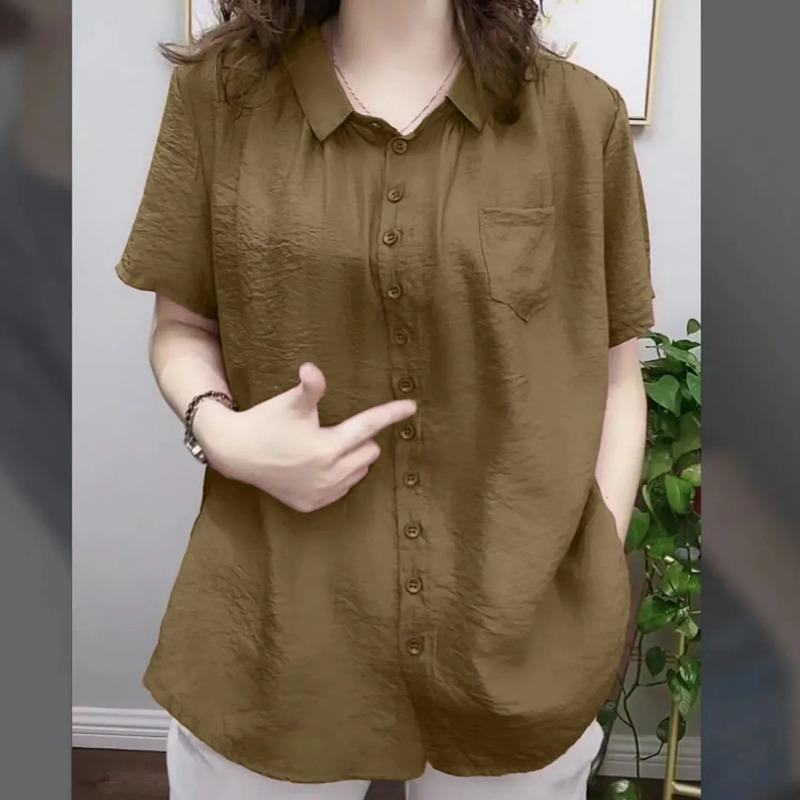 Women Brown Collared Short Sleeve Loose Button Up Shirt With Pocket XL