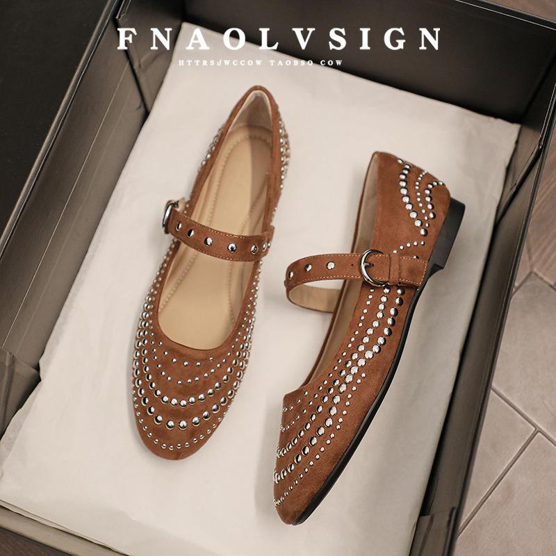 Fashion Retro Flat Shoes for Women Autumn Winter New Rivet Comfortable Round Toe Mary Jane Shoes Ladies Work Large Size Women's Shoes