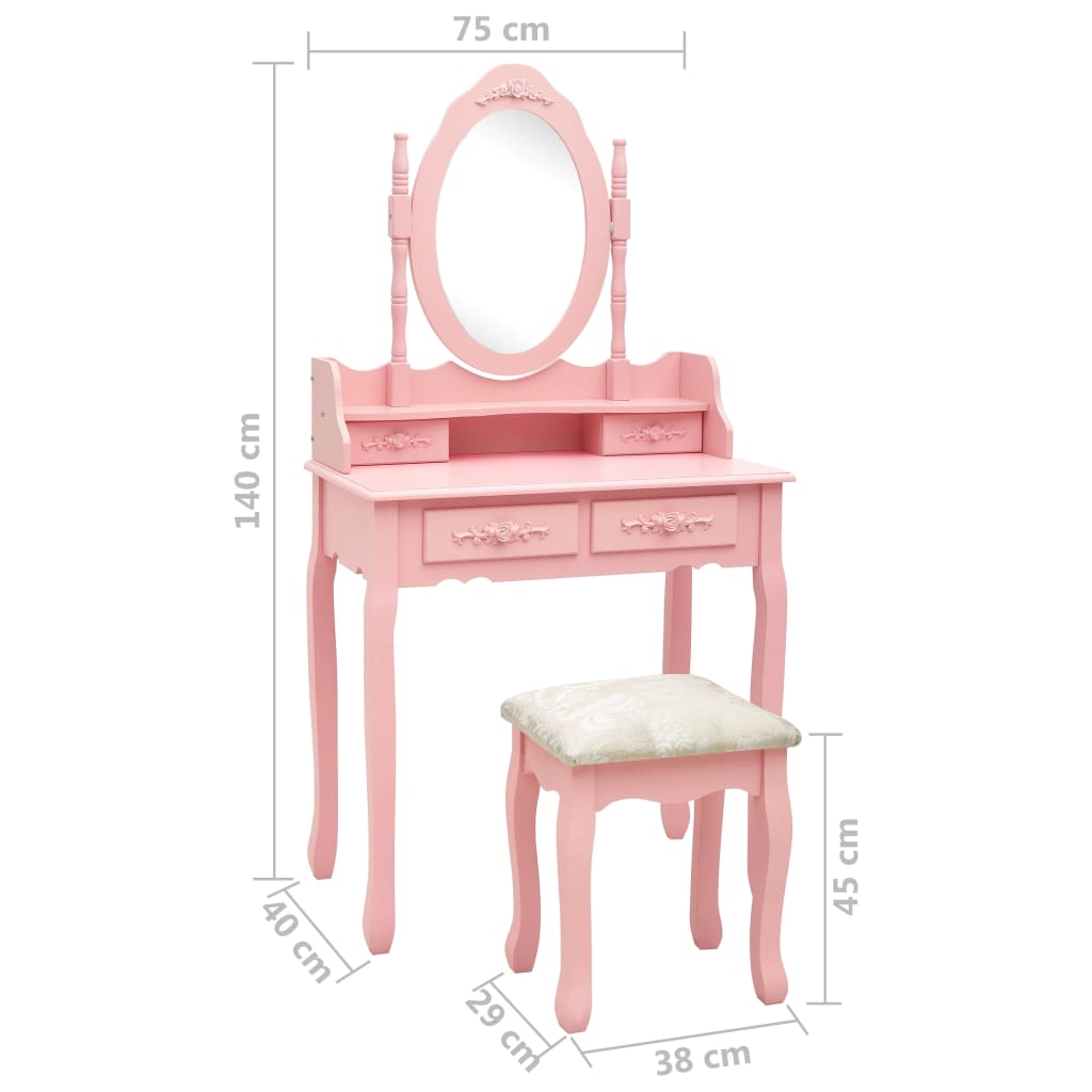 Schminktisch-Set mit Hocker Rosa 75x69x140 cm Paulowniaholz