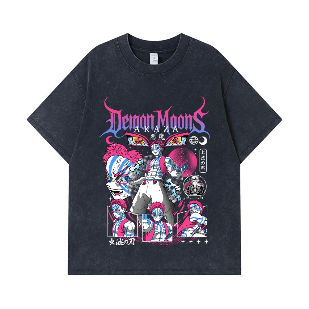 275 GSM Washed T-shirts 100% Cotton Demon Slayer V31 Akaza Print Unisex Heavy Cotton T Shirt