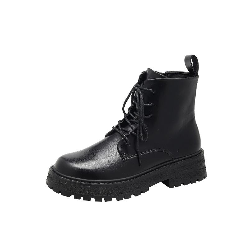 New washed shrinkage soft leather round head side zipper British style short boots lace-up thick-soled Martin boots fashion short boots women