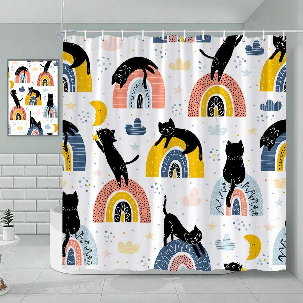 Bohemian Shower Curtain Cat Romantic Mid Century Modern Minimalist Abstract Lines Geometric Tropical Plants Bathroom Decoration