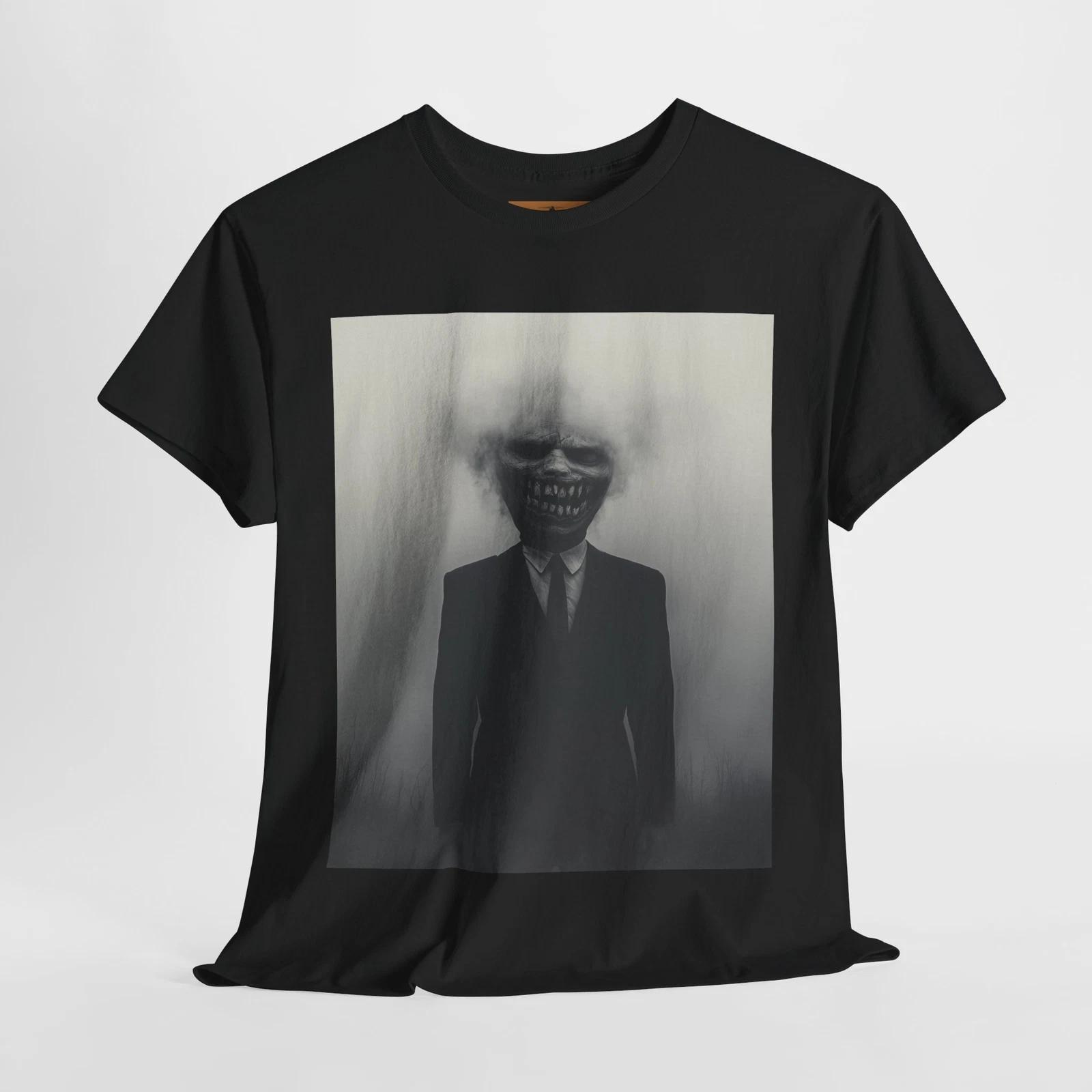 Melting Face Man T-Shirt – Surreal Horror with Grinning Figure in Fog XL