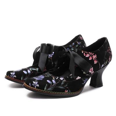 Women Shoes Pumps Retro Spring Round Toe Handmade Ladies Lace Up Sweet Print High Heels Shoes