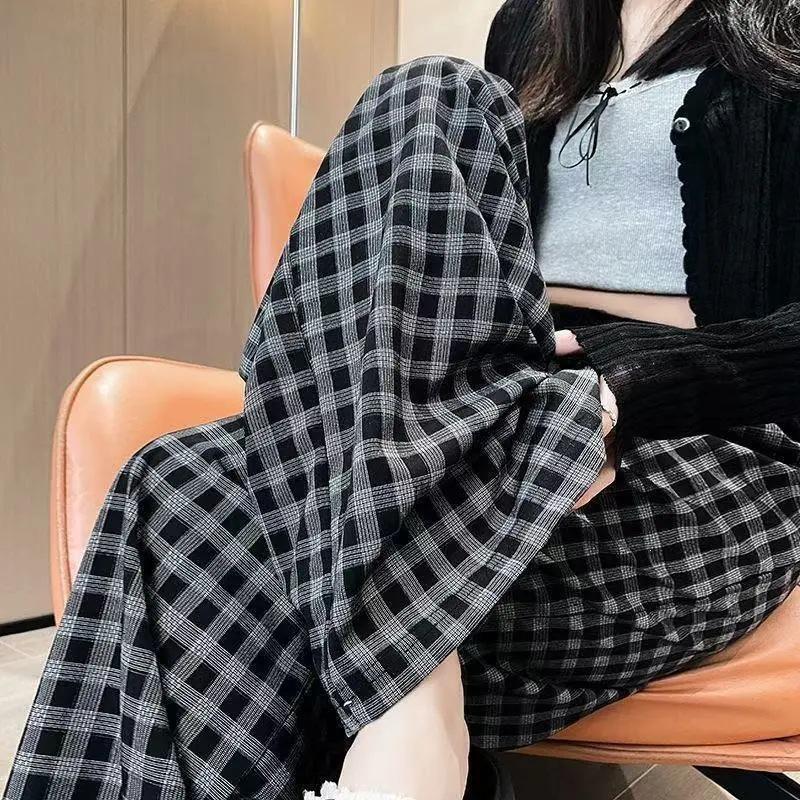 Summer Plus Size Plaid Wide-Leg Pants - Korean Style, Loose, Slimming, Meat-Concealing