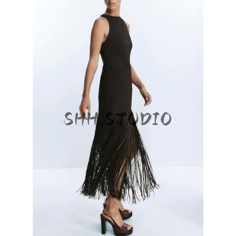 Autumn New Women's Clothing Vacation Style round Neck Sleeveless Open Back Minimalist Silm Tassel Dress 8741240