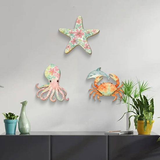 3 Pezzi Decorazioni da Parete in Legno per Spiaggia, Stella Marina Polpo Granchio Balena Nautica Costiera Vintage Wall Art, Ornamenti Vita Marina Oceano per Bagno, Soggiorno,