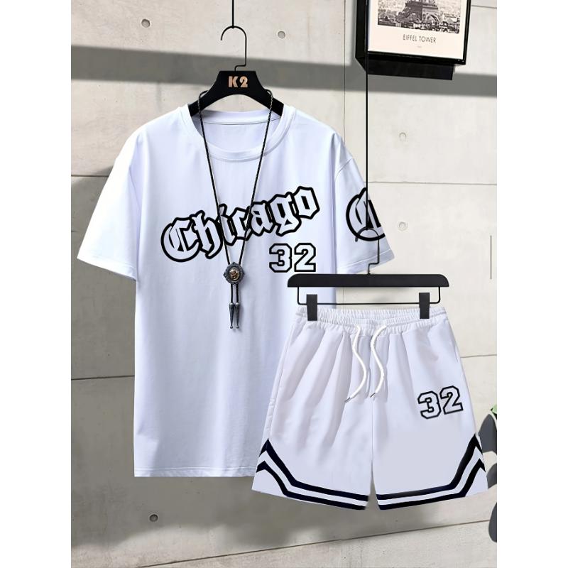 Sommer Herren Chicago-Thema Entspanntes Set Größe 32 Bedrucktes T-Shirt und Shorts Set Erwachsenen Sport Lässig Übergröße Zweiteiliges Set