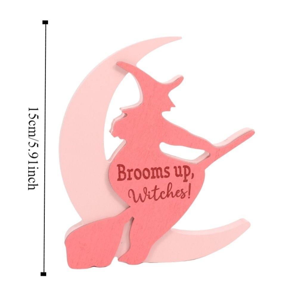Wooden Moon Witch Decorations Model Handicraft Halloween Witch Ornaments Funny Collectible Moon Black Cat Ornaments