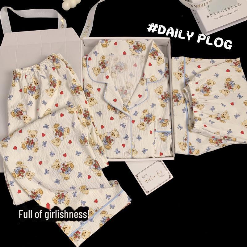 Sommerlicher Pyjama aus Baumwolle mit Blumenmuster: Dreiteiliges Kurzarm-Set im japanischen Stil für Damen – süße Homewear im Stil der Internet-Prominenten.