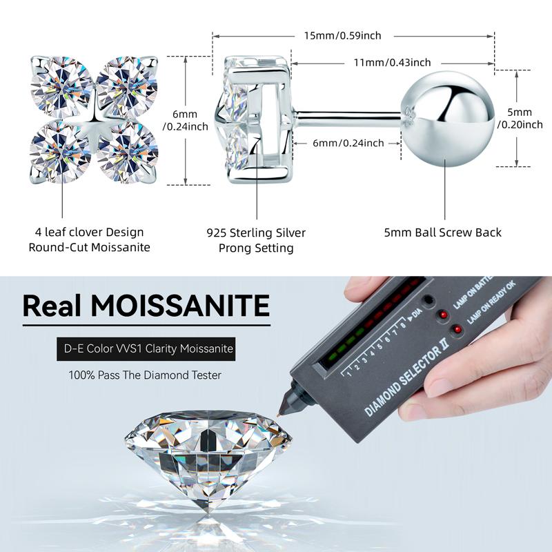 Anziw Lucky Four Leaf Clover Moissanite Stud Earrings 925 Silver Screw-Back Piercing Ear Jewelry for Women Men Gifts