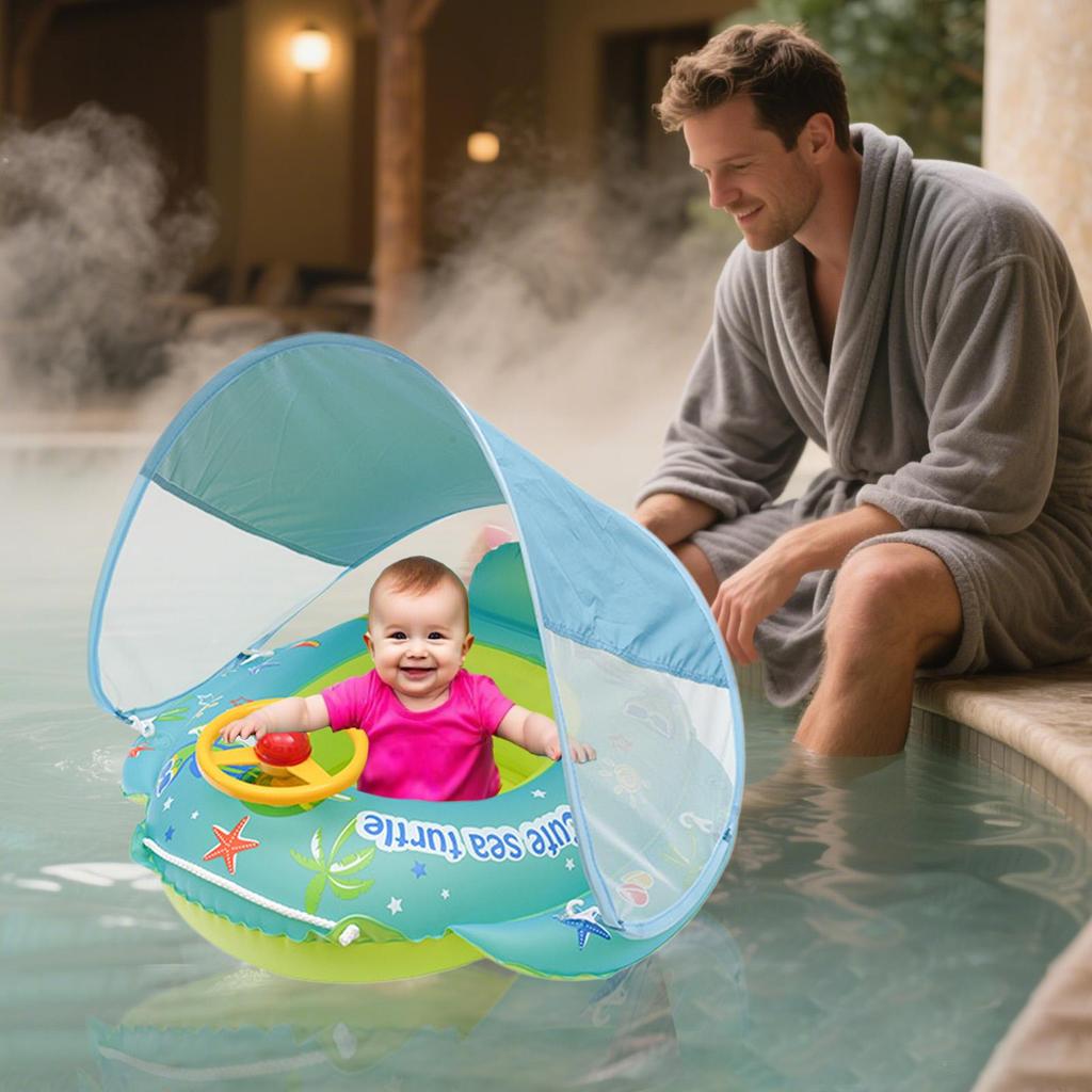 Boia de Natação para Bebê com Dossel Anel Flutuador Inflável para Bebê Acessórios para Piscina Brinquedos de Banho de Verão com volante