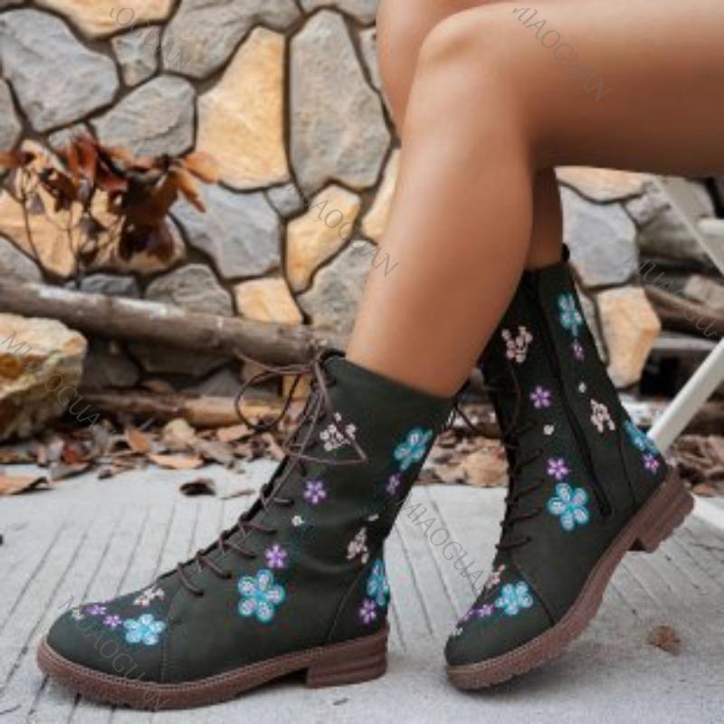 Woman Ankle Boots Retro Embroidery Spring Autumn Shoes Women Casual Thick Low Heel Side Zip Western Round Head Fashion Botines