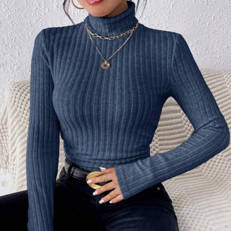 Herbst und Winter Sexy Textur Pit Stripe Slim Knit Langarm Damen T-Shirt Neue High Neck Damen Tops Casual Damen Tops