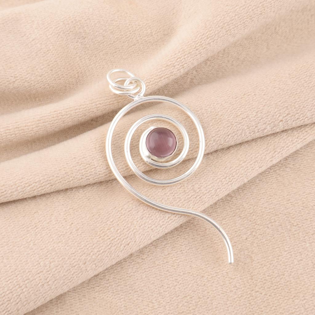 Purple Cat's Eye Gemstone 925 Sterling Silver Jewelry Handmade Round Pendant PP-42-43