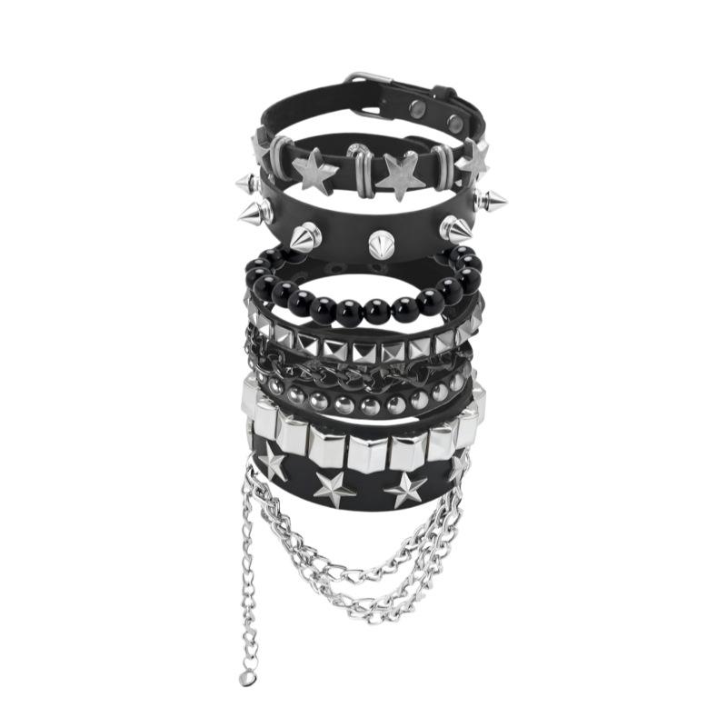 Gothic Punk Multi Layer Spike Stud Leather Bracelet 5 Piece Set