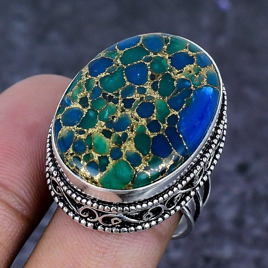 Naturalny Miedziany Zielony Turmalin Srebro Próby 925 Pierścionek Rozmiar 8 ETC-13912