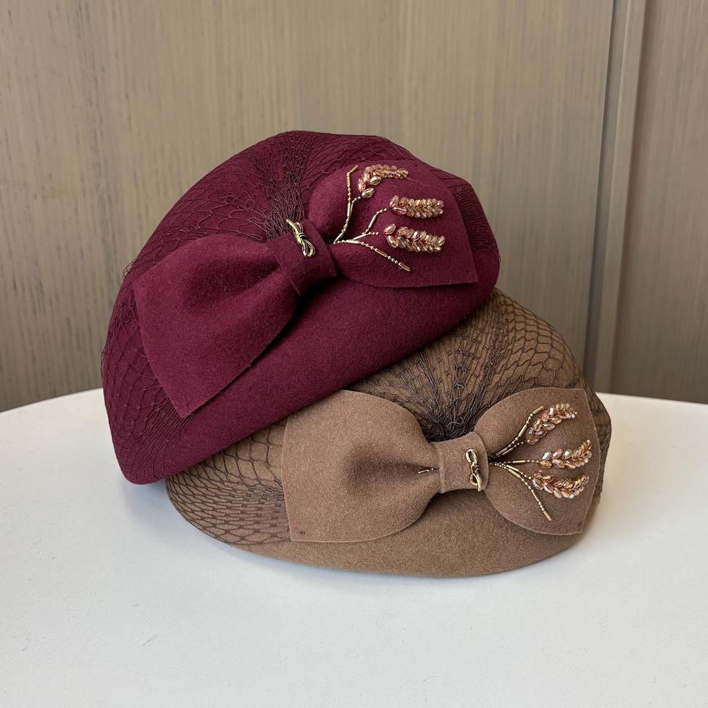 Autumn And Winter New Mesh Rhinestone Bow Wool Beret Female French Retro Painter Hat Elegant Temperament Top Hat