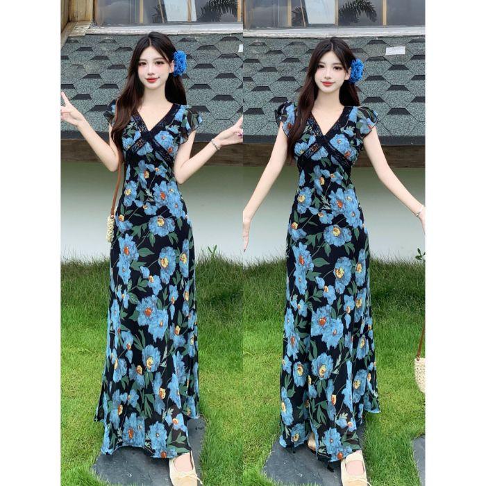 Women s French Retro V-Neck Floral Dress: Summer 2026 Seaside Vacation Style S