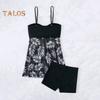 2Pcs/Set Women Summer Swimsuit Set Adjustable Straps Print Mesh Hem Bandeau Tops High Waist Swim Shorts Set