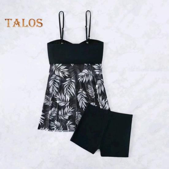 2Pcs/Set Women Summer Swimsuit Set Adjustable Straps Print Mesh Hem Bandeau Tops High Waist Swim Shorts Set