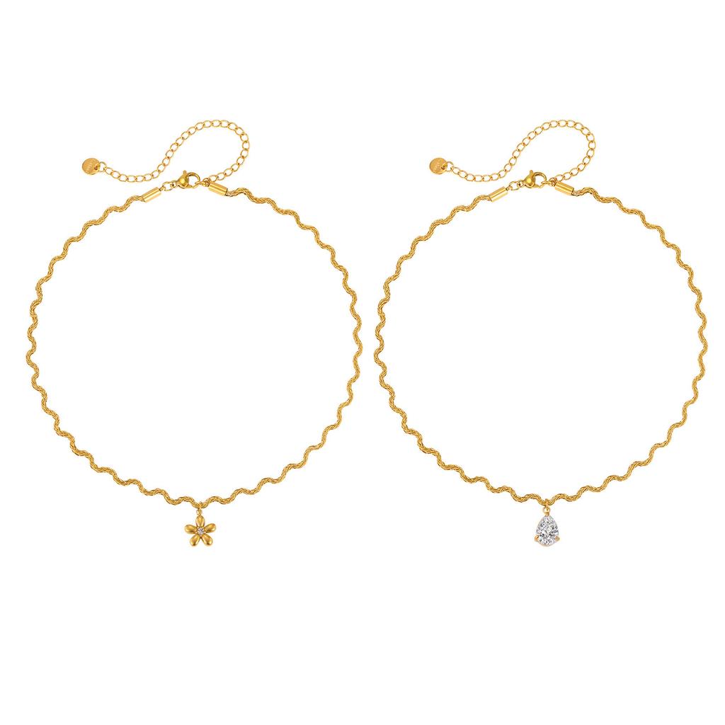 Wind Lady Collarbone Chain, Stainless Steel Wave Foxtail Chain Zircon Flower Water Drop Pendant Necklace Nc-2269