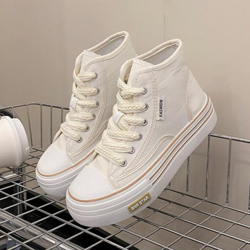 Spring, Summer, Autumn and Winter Women's Shoes Women's Sneakers Canvas Shoes Mid-cut Round Toe Lace-up Casual All-match Shoes