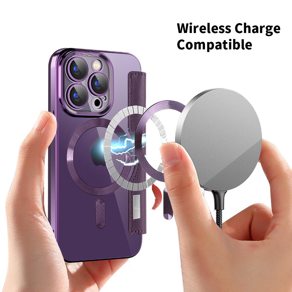 For iPhone 15 Pro RFID Blocking Built-in Lens Film Phone Case Card Holder Leather Cover Compatible with MagSafe