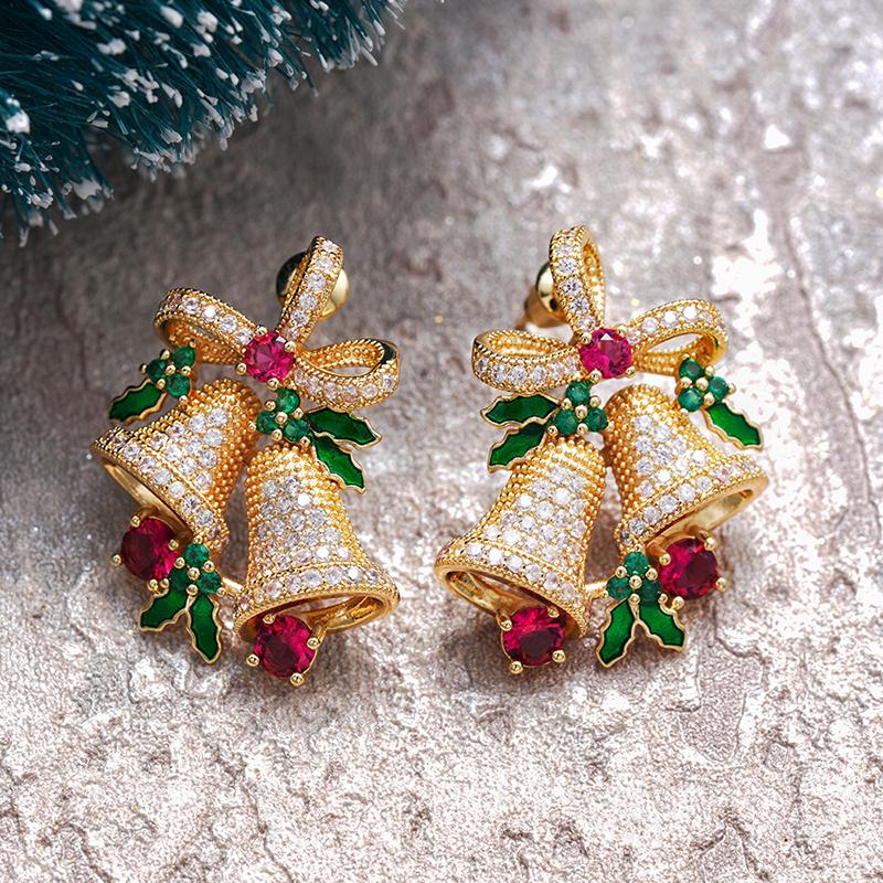 

Huitan Gorgeous Christmas Bell Stud Earrings Women for Merry Christmas Full Bling Iced Out Cubic Zirconia Unique Trendy Zircon