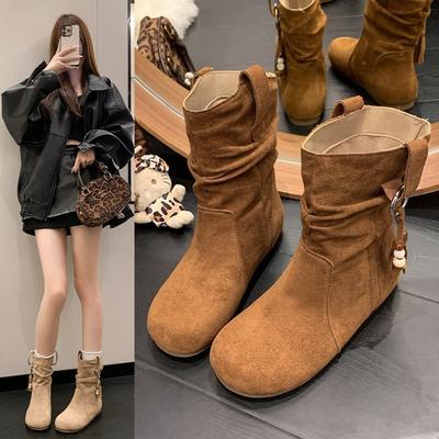 New Autumn Medium Boots Retro National 2025 Short Boots Women's Pile Brown Style Martin Boots Inner Height Increase Rad
