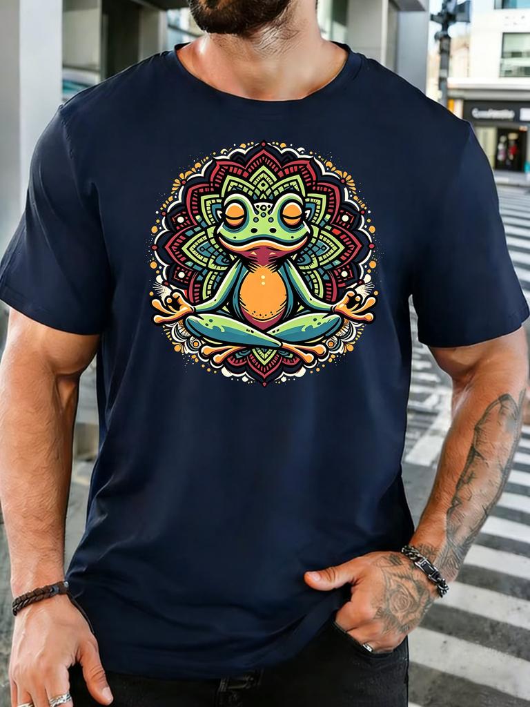 Olive Unisexs Tee Meditation Frog Unisexdala Pattern Print Crew Neck Cotton Short Sleeve Zen Male Street Summer Soft Daily Casual Wear