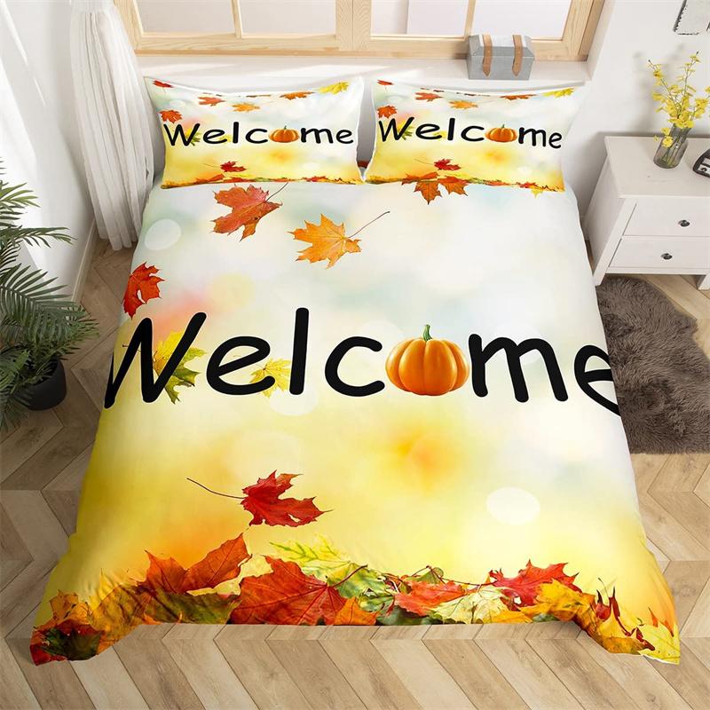 Happy Thanksgiving Duvet Cover Fall Maple Leaf Bedding Set Microfiber Gnome Gold Pumpkin Farm Harvest Comforter Cover King Size