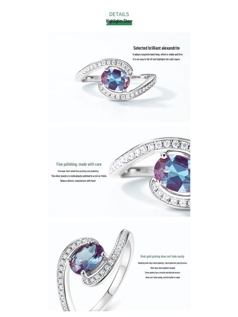 Elegant S925 Sterling Silver Alexandrite Ring with Full Pave Design