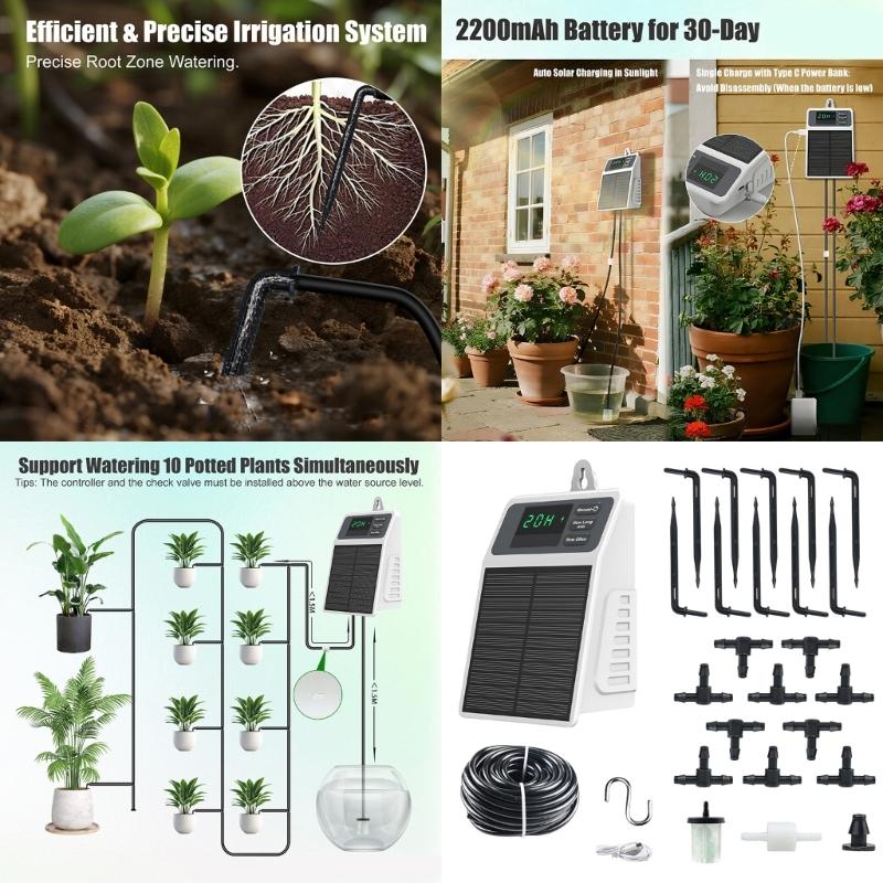Solar Powered Automatic Drip Irrigation Kit Featuring Water Level Monitoring for Efficient Garden Watering Solution