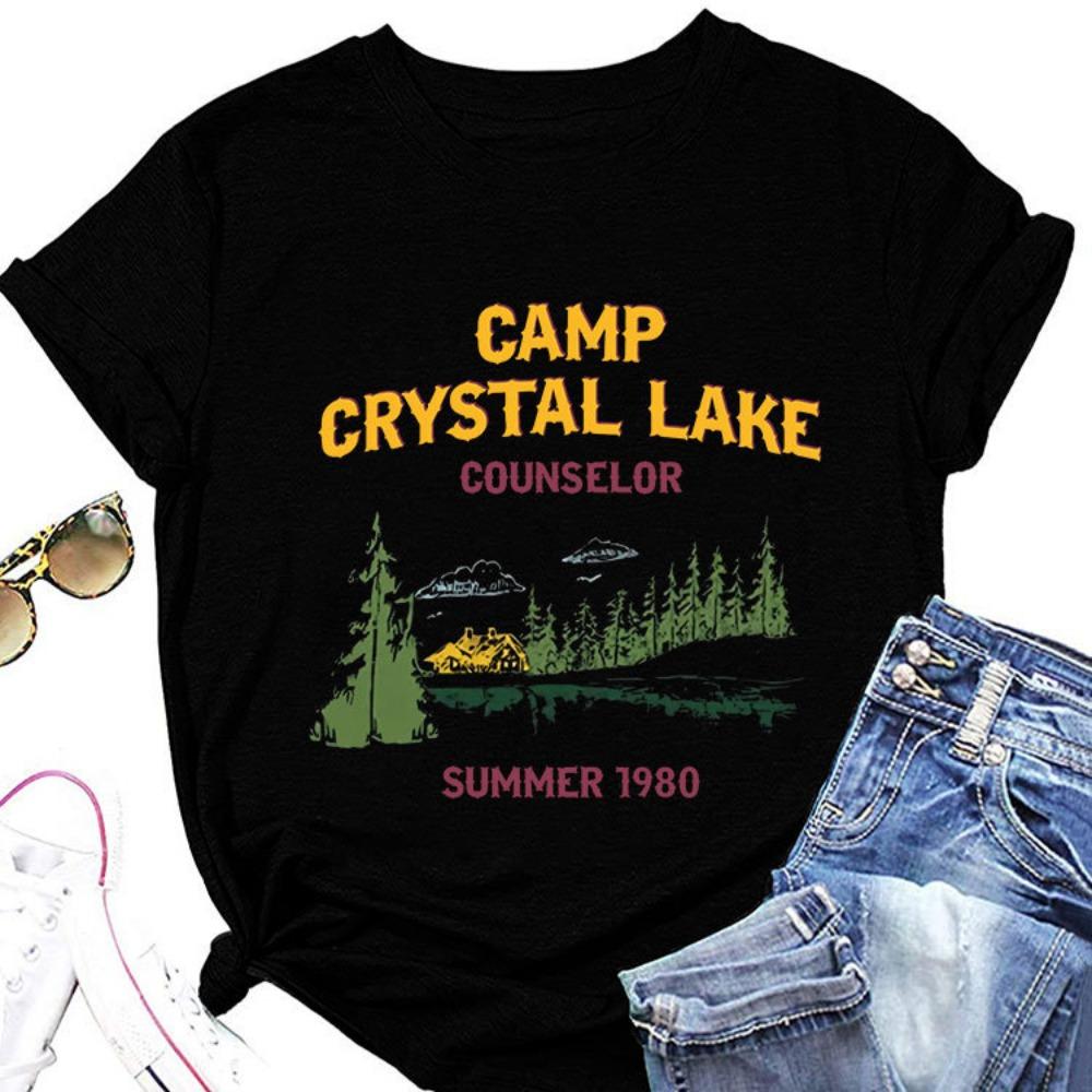 Summer New Women's Short Sleeved T-shirt Camp Crystal Lake Print Loose Round Neck Casual Top Paired with All Fashionable Clothing