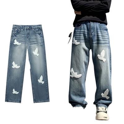 Lave Jeans Denim para Homens na Primavera e Outono, Calças Folgadas de Perna Reta, Calças Casuais de Perna Larga High Street