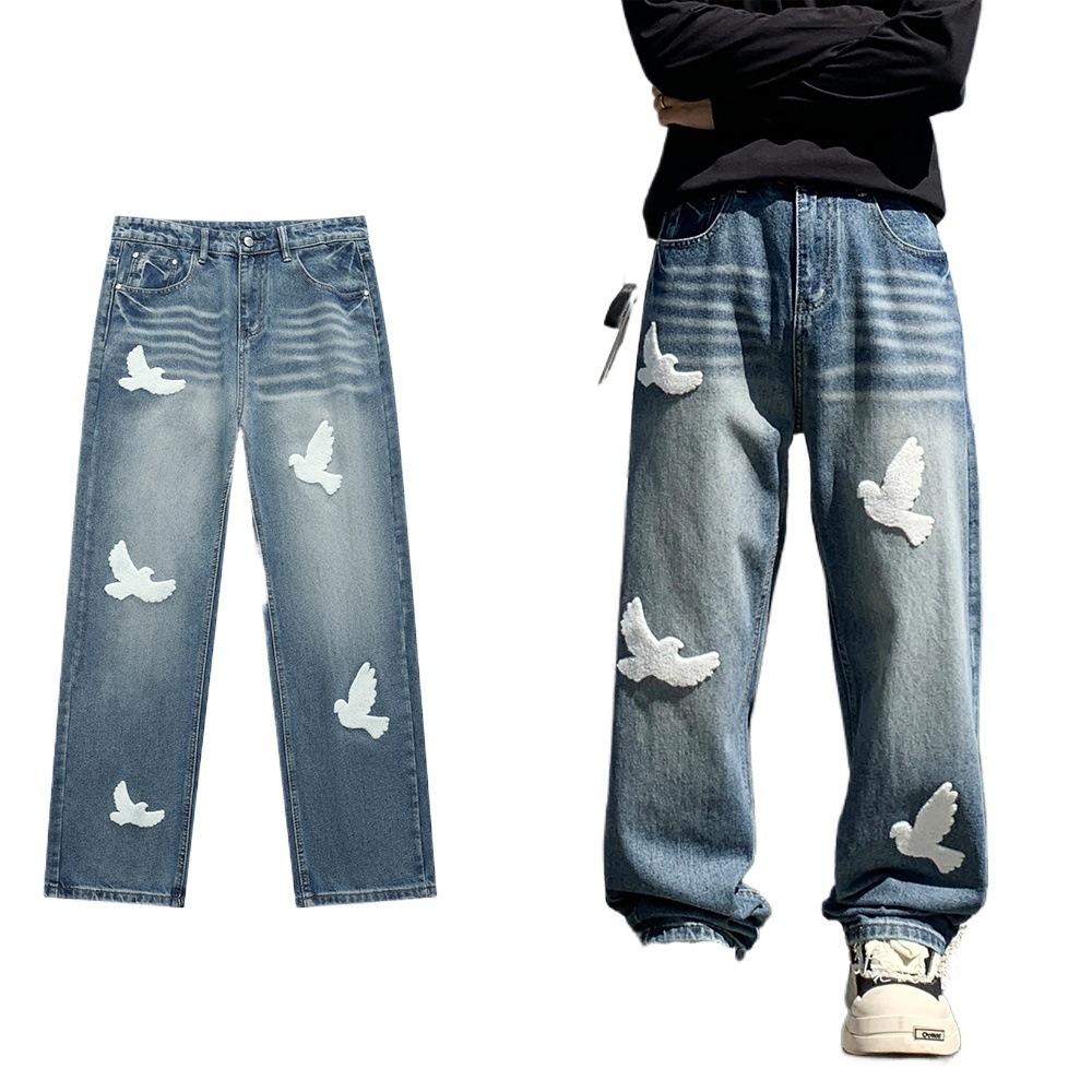 Wash Denim Jeans for Men In Spring and Autumn, Loose Straight Leg Pants, High Street Wide Leg Casual Pants