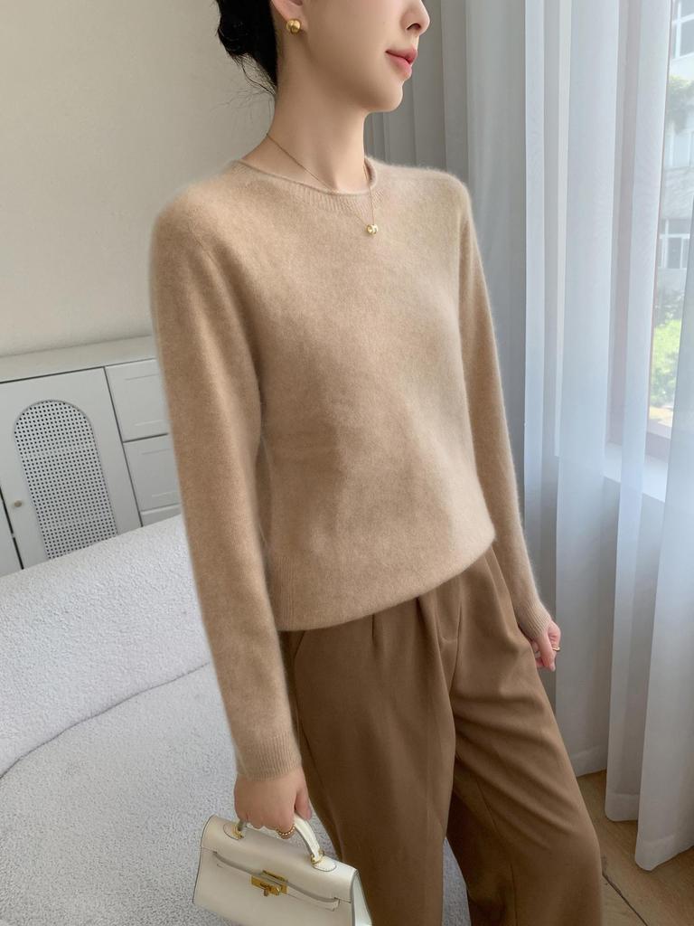 Women's Solid Color Cashmere Sweater - Rolled Hem, Round Neck, Long Sleeve, Loose Fit.