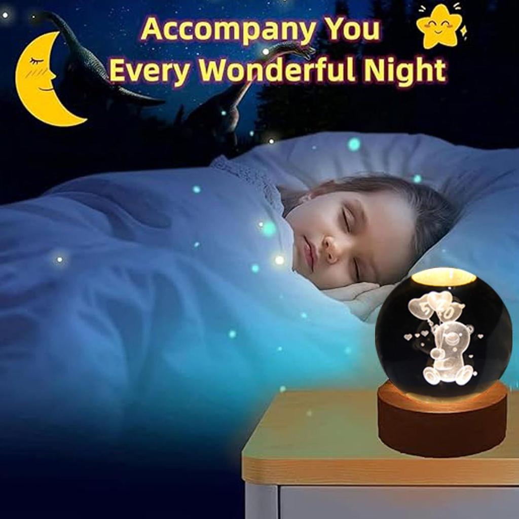 Crystal Ball Night Lamp – Engraved LED Light with Teddy Bear Design, USB-Powered Table Lamp, Wooden Base, Romantic Home & Office Décor, Bedroom