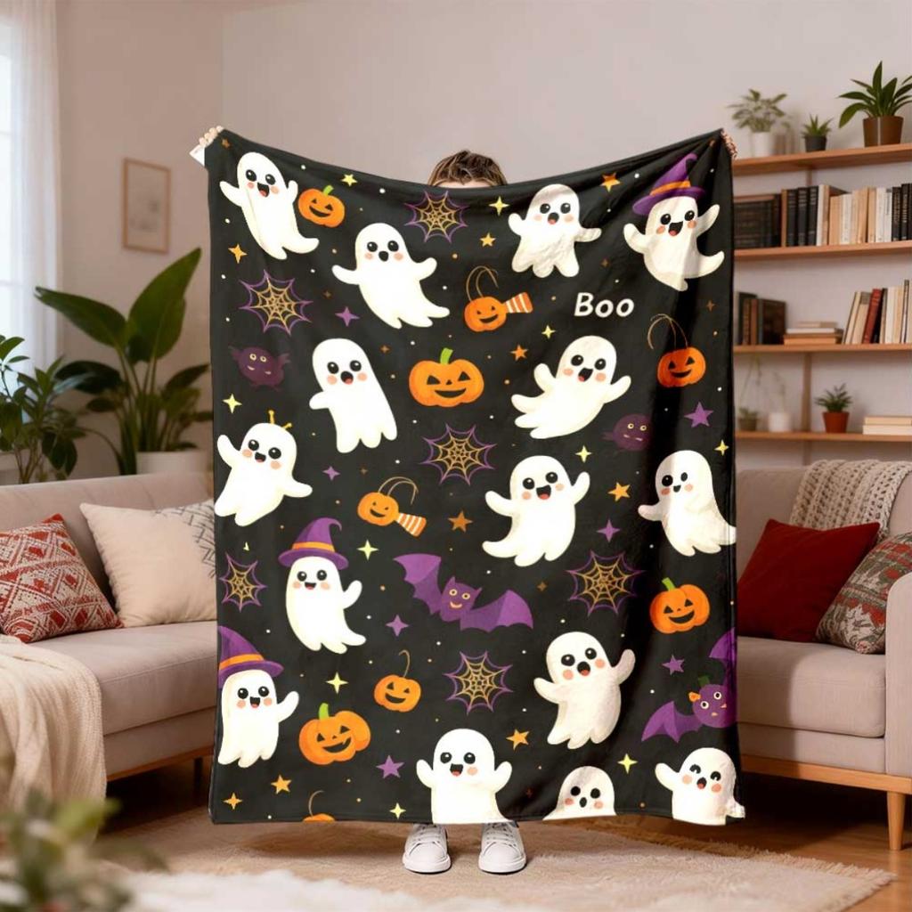 1pc Ghost And Pumpkin Pattern Printed Fleece Blanket Single-Sided Printing Suitable for Bedroom Sofa Office Airplane Camping All S