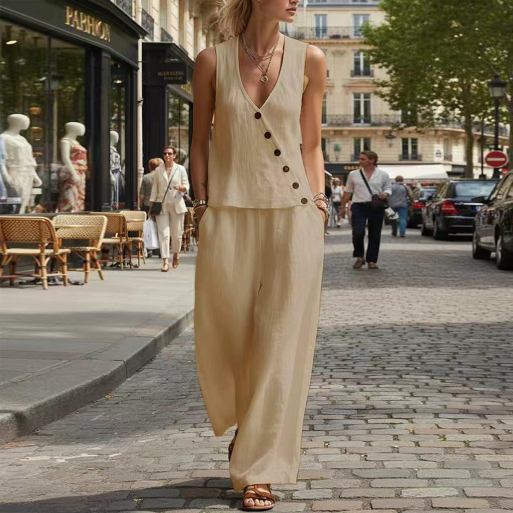 Women's Fashion Color Sleeveless V-neck Button Top With Elastic Waist Pocket Wide Leg Casual Pants Two Piece Set