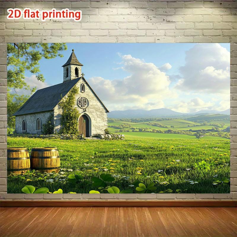 2D plane 1 Irish rural church centered around a stone-built church and clover meadow creating a soothing rural atmosphere (as the picture,100x150cm)
