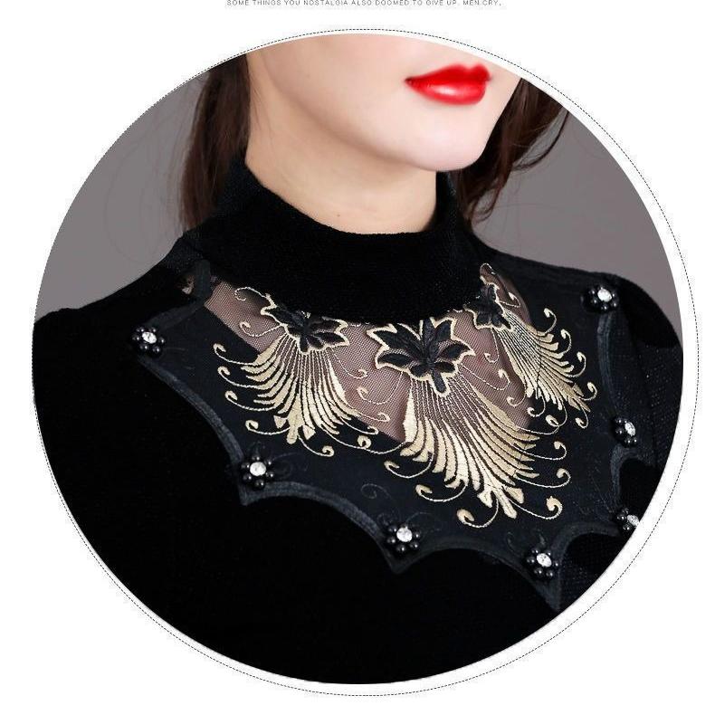 Women's Printed Stretch Base Shirt Slim Fit Lace Rhinestone Long Sleeve T-Shirt Fall Winter